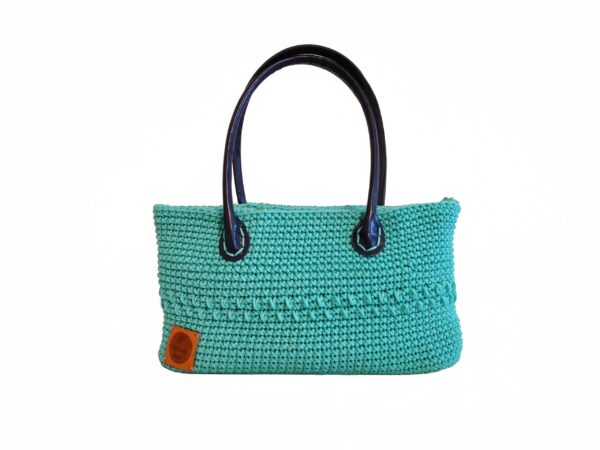 Shopping bag da donna, turchese con manici blu